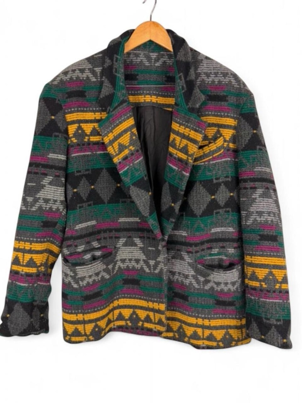 80s 90s Vintage Patterned Aztec Wool-Blend Jacket - Black, Gray & Mustard M
